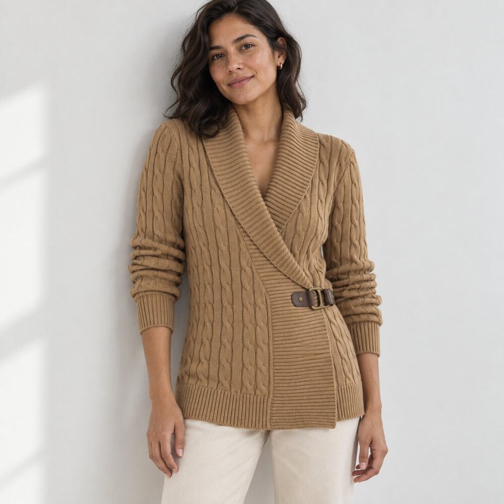 Lauren Ralph Lauren Donato Cardigan Womens L Camel Cable Knit Buckled Sweater